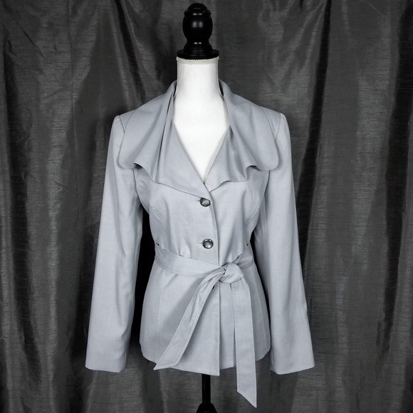Isabella Light Gray Suit Shawl Collar Belted Jacket & Straight Leg Pants Size 8 - Picture 2 of 7